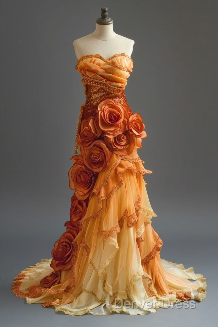 Gradient Orange Mermaid Sweetheart Neck Beaded Long Prom Dress Layered Lace Applique Wedding Dress Prom Dressesed01634