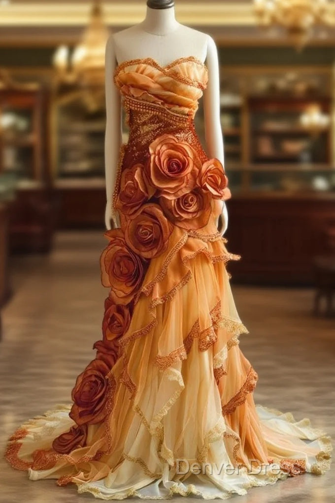 Gradient Orange Mermaid Sweetheart Neck Beaded Long Prom Dresses Layered Lace Applique Wedding Dresses Evening Dressesed01634 Main image