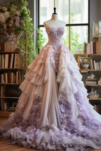 Gradient Purple A Line Strapless Tulle Vintage Long Ball Gowns, Sweetheart Veck Lace Applique Prom Gowns