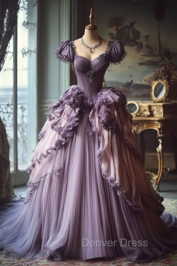 Gradient Purple A Line Sweetheart Neck Tulle Lace Vintage Long Prom Dresses Secondary image