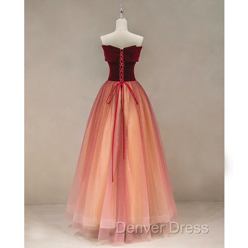 Gradient Red Tulle with Velvet Long Party Dresses, Cute Floor Length Formal Dresses