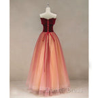 Gradient Red Tulle with Velvet Long Prom Dress, Cute Floor Length Prom Dresses