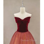 Gradient Red Tulle with Velvet Long Party Dresses, Cute Floor Length Formal Dresses