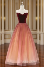 Gradient Red Tulle with Velvet Long Party Dresses, Cute Floor Length Formal Dresses