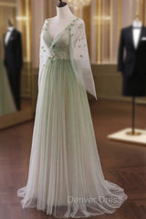 Gradient Tulle Green Beaded Long Sleeves Party Dresses, Green Formal Dresses