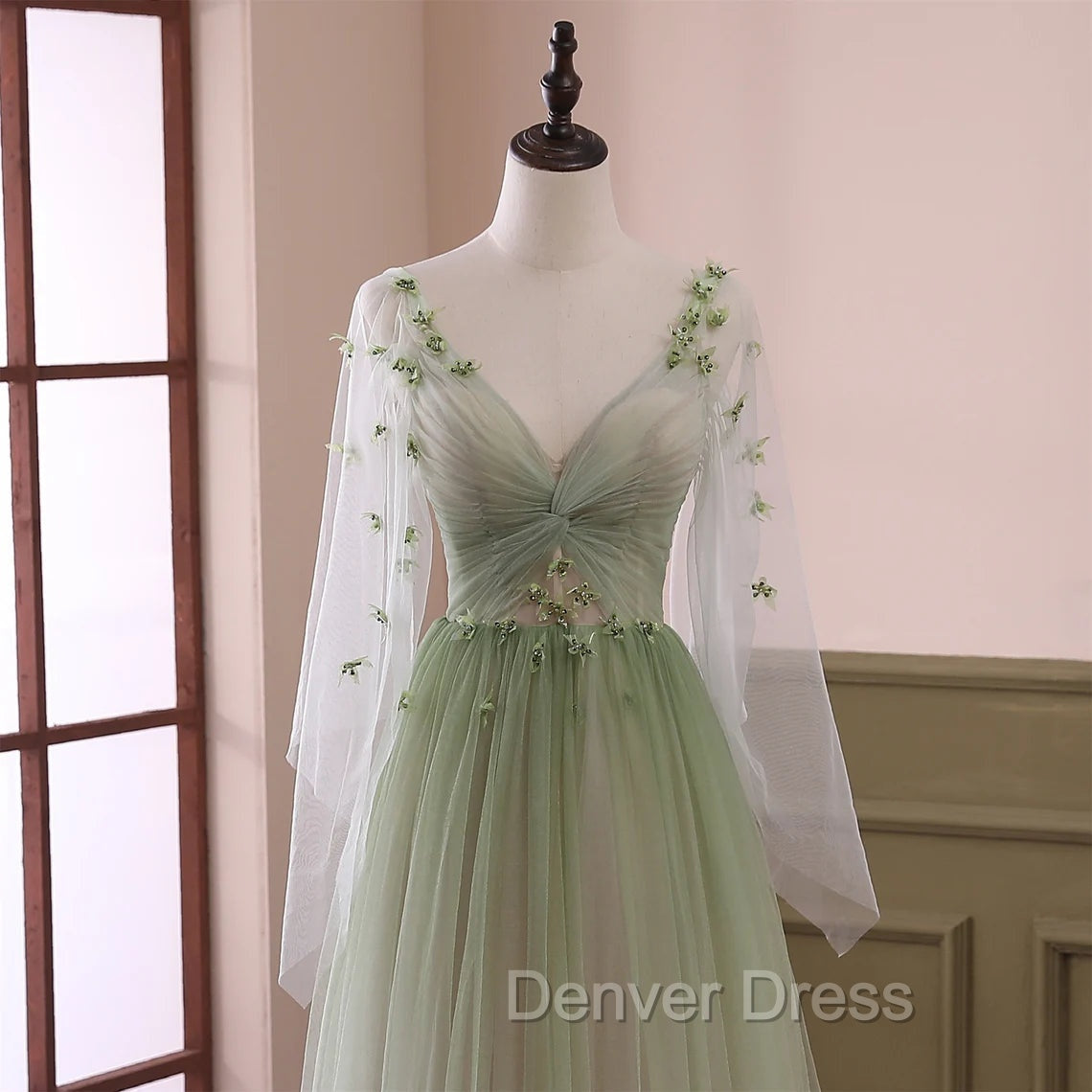 Gradient Tulle Green Beaded Long Sleeves Party Dresses, Green Formal Dresses