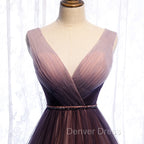 Gradient V-neckline Tulle Long Prom Dresses Party Dresses, Gradient Evening Gown