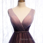 Gradient V Neckline Tulle Long Prom Dress, Gradient Prom Gowns