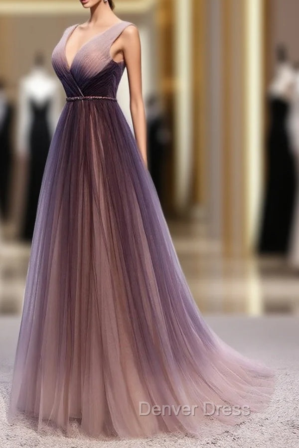 Gradient V Neckline Tulle Long Prom Dress, Gradient Prom Gowns