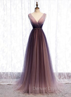 Gradient V Neckline Tulle Long Prom Dress, Gradient Prom Gowns