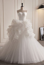 Grand White Ruffled Train Dress Wedding Dresses Strapless