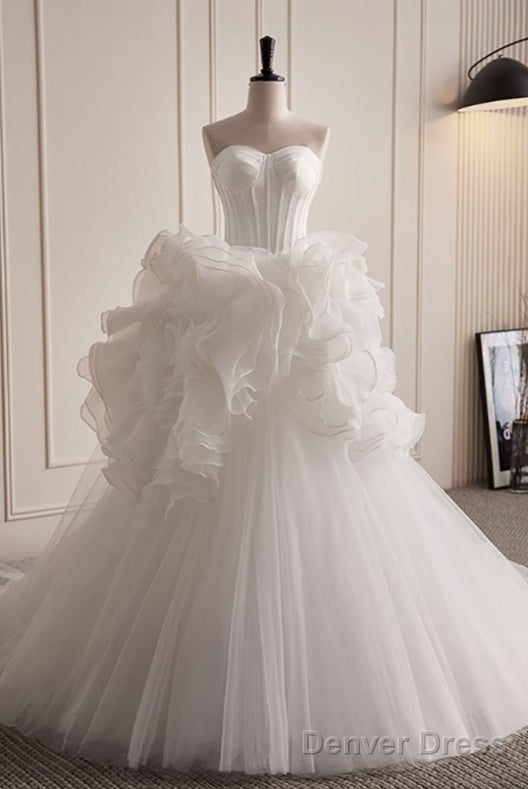 Grand White Ruffled Train Dress Wedding Dresses Strapless