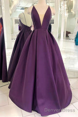 Grape Purple Satin V Neck Backless Long Prom Dress
