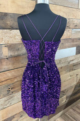 grape sequins homecoming dress with open back