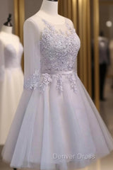 Gray 3/4 Sleeve Lace Homecoming Dresses