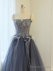 Gray A Line Lace Tulle Long Prom Dress, Gray Formal Evening Dress
