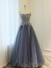 Gray A Line Lace Tulle Long Prom Dress, Gray Formal Evening Dress