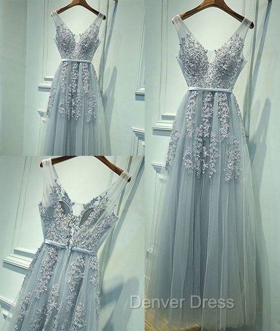 Gray A Line Lace Tulle Long Prom Dress, Lace Tulle Bridesmaid Dresses Main image