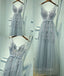 Gray A Line Lace Tulle Long Prom Dress, Lace Tulle Bridesmaid Dresses