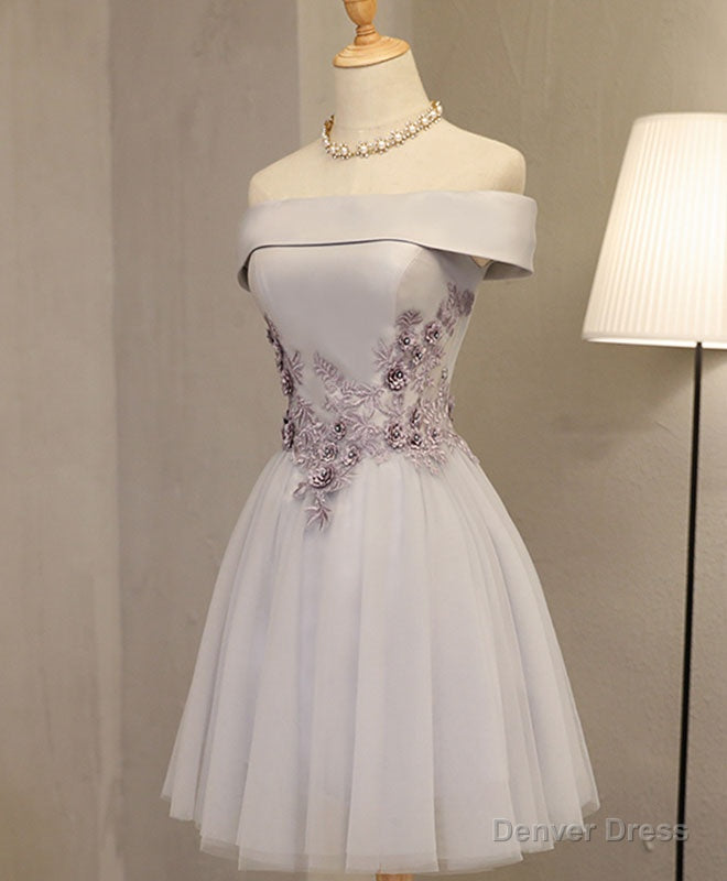 Gray A Line Off Shoulder Knee Length Prom Dress, Lace Homecoming Dresses Main image