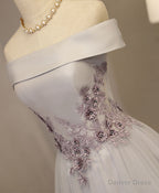 Gray A Line Off Shoulder Tea Length Prom Dress, Lace Homecoming Dresses
