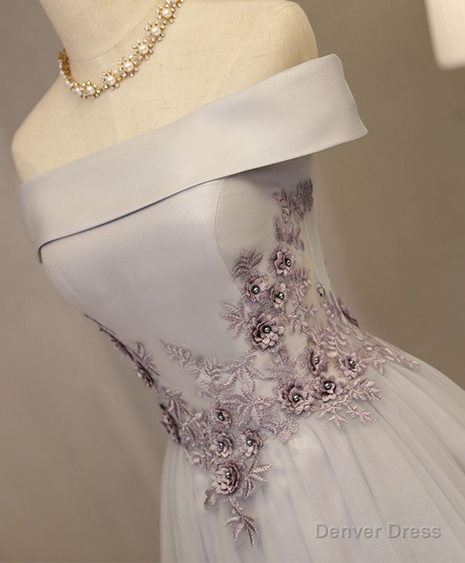 Gray A Line Off Shoulder Tea Length Prom Dress, Lace Homecoming Dresses