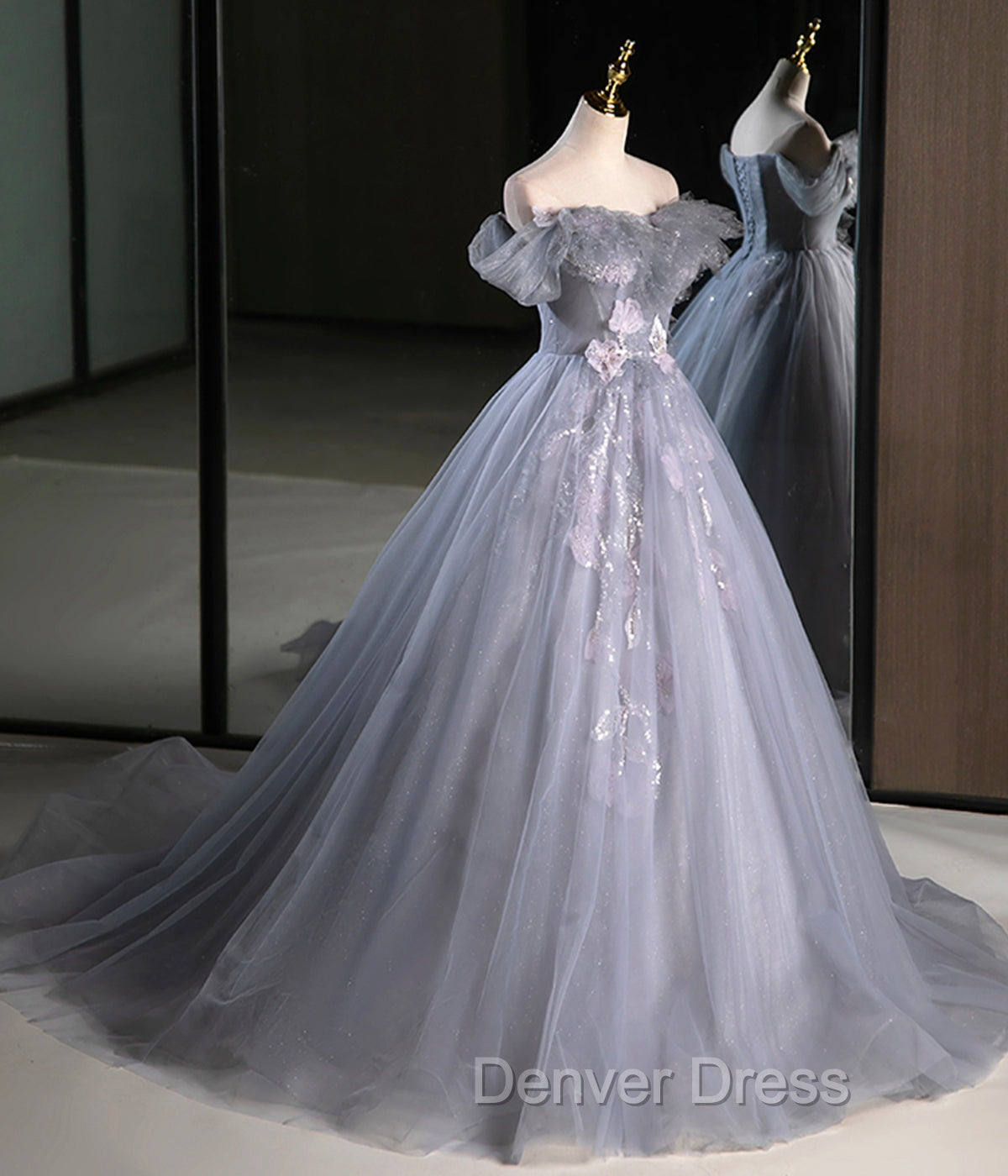 Gray A Line Off the Shoulder Appliques Tulle Long Prom Dress Secondary image