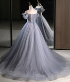 Gray A Line Off the Shoulder Appliques Tulle Long Prom Dress