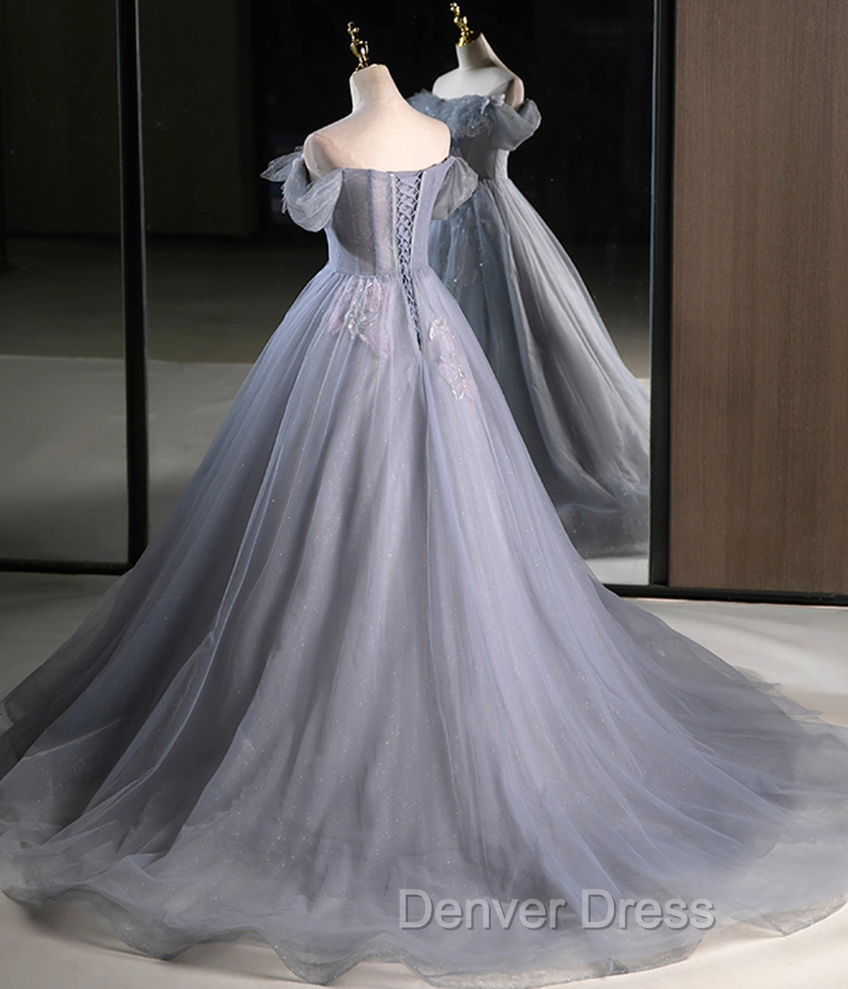 Gray A Line Off the Shoulder Appliques Tulle Long Prom Dress