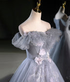 Gray A Line Off the Shoulder Appliques Tulle Long Prom Dress