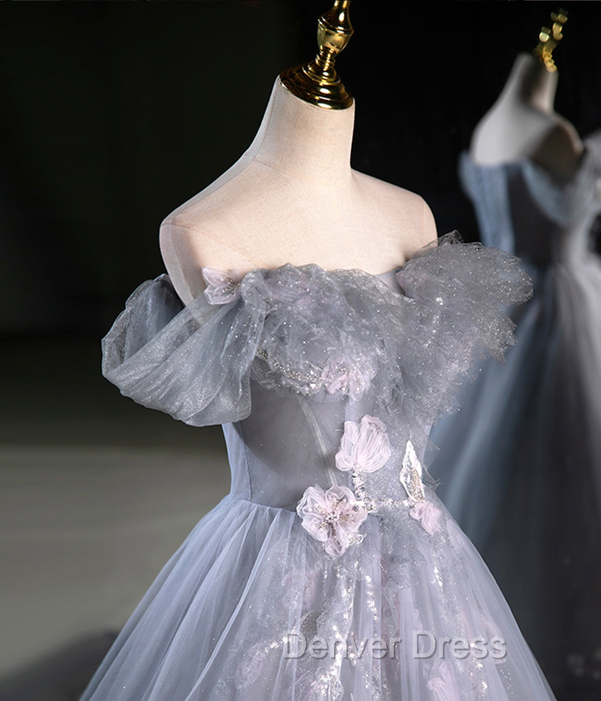 Gray A Line Off the Shoulder Appliques Tulle Long Prom Dress