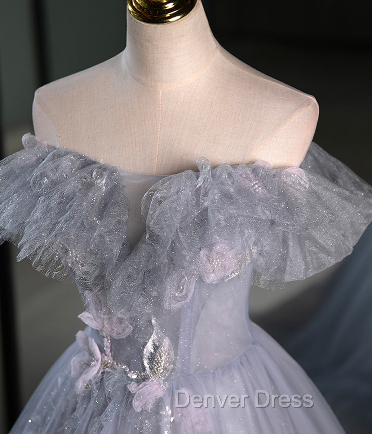 Gray A Line Off the Shoulder Appliques Tulle Long Prom Dress