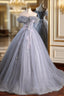 Gray A Line Off the Shoulder Appliques Tulle Long Prom Dress