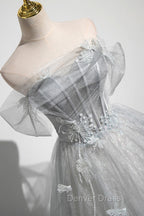 Gray A Line Off the Shoulder Tulle Prom Dress, Lovely Corset Floor Length Prom Dresses