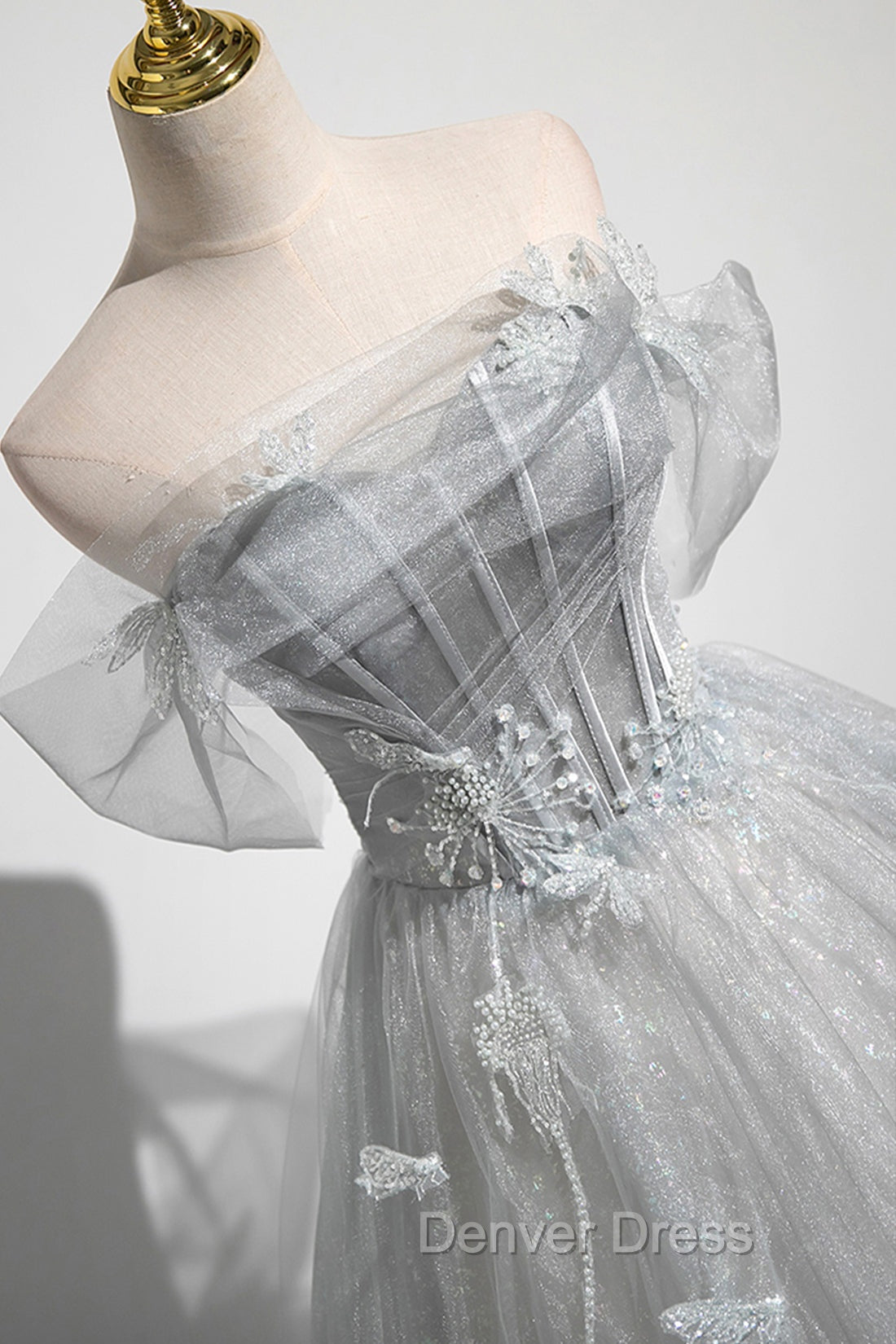 Gray A Line Off the Shoulder Tulle Prom Dress, Lovely Corset Floor Length Prom Dresses