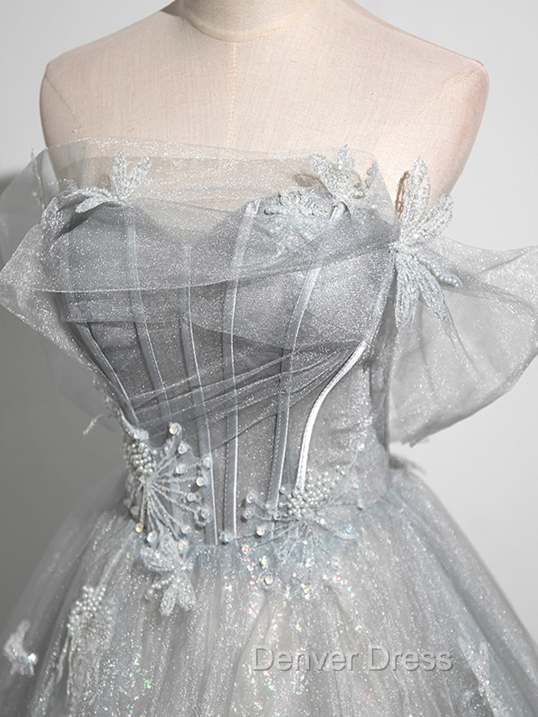 Gray A-Line Off the Shoulder Tulle Prom Dresses, Lovely Corset Floor Length Party Dresses