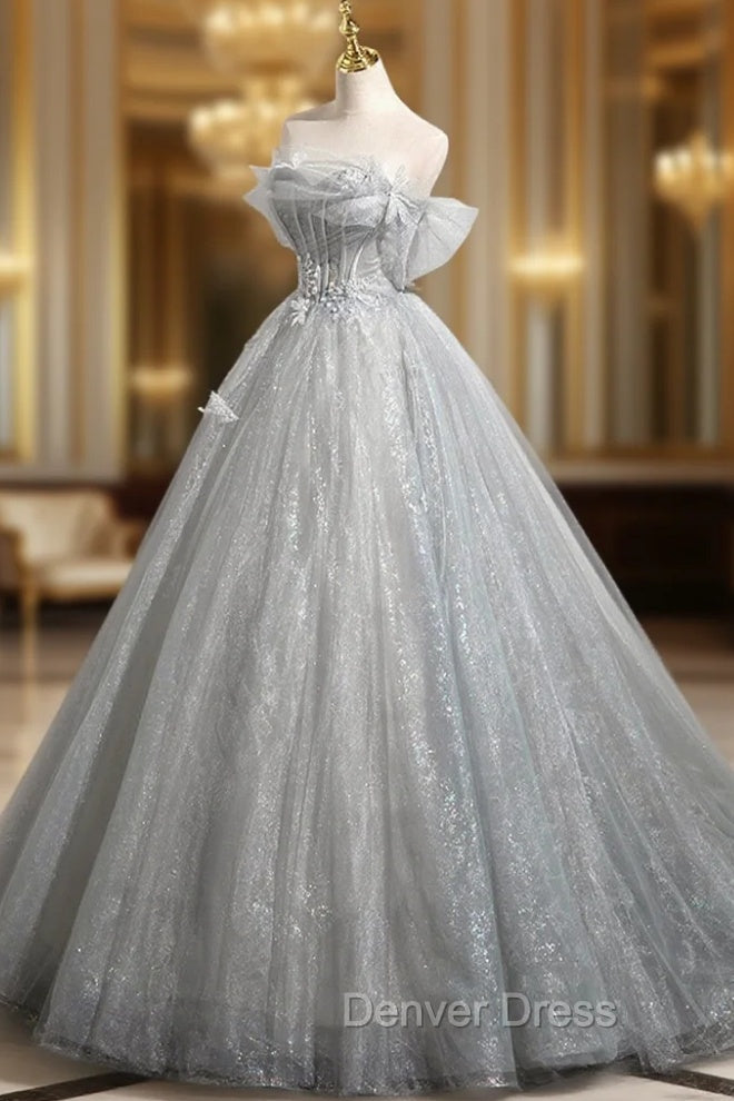 Gray A-Line Off the Shoulder Tulle Prom Dresses, Lovely Corset Floor Length Party Dresses Main image