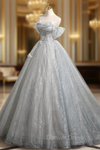 Gray A-Line Off the Shoulder Tulle Prom Dresses, Lovely Corset Floor Length Party Dresses
