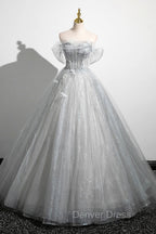 Gray A Line Off the Shoulder Tulle Prom Dress, Lovely Corset Floor Length Prom Dresses