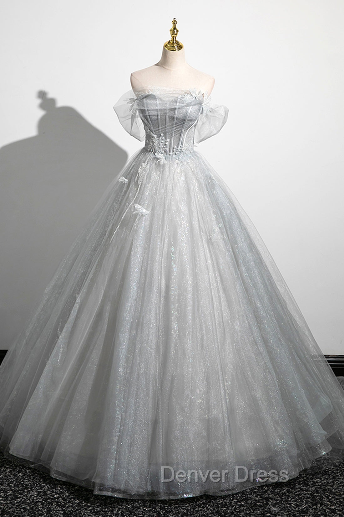 Gray A Line Off the Shoulder Tulle Prom Dress, Lovely Corset Floor Length Prom Dresses