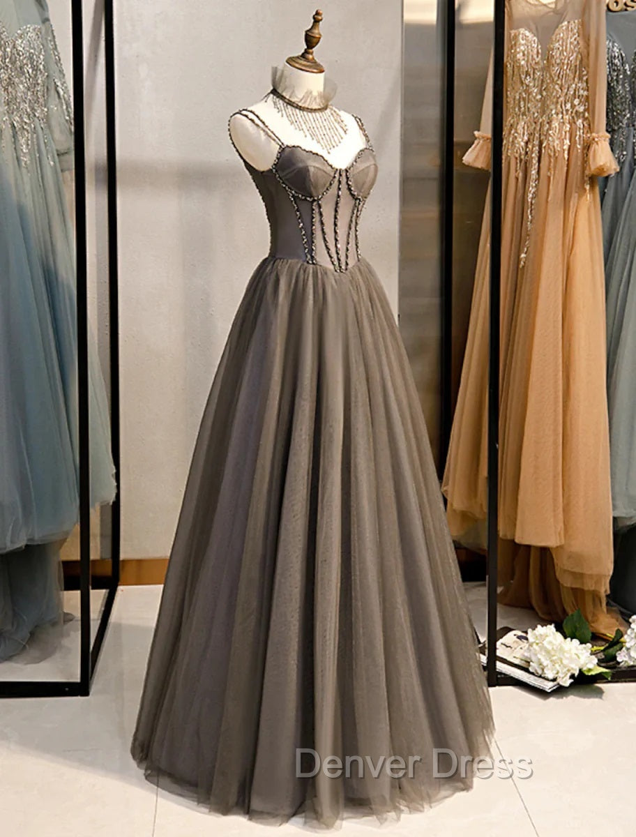 Gray A Line Prom Dress Open Back Dresses Prom Wedding Prom Floor Length Sleeveless Spaghetti Strap Tulle with Pleats Crystals Secondary image