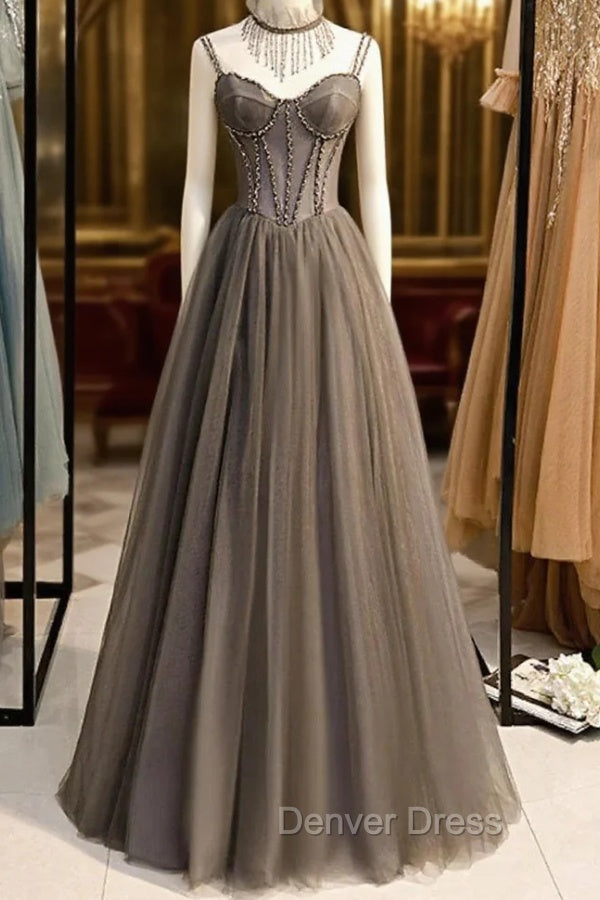 Gray A Line Prom Dress Open Back Dresses Prom Wedding Prom Floor Length Sleeveless Spaghetti Strap Tulle with Pleats Crystals Main image