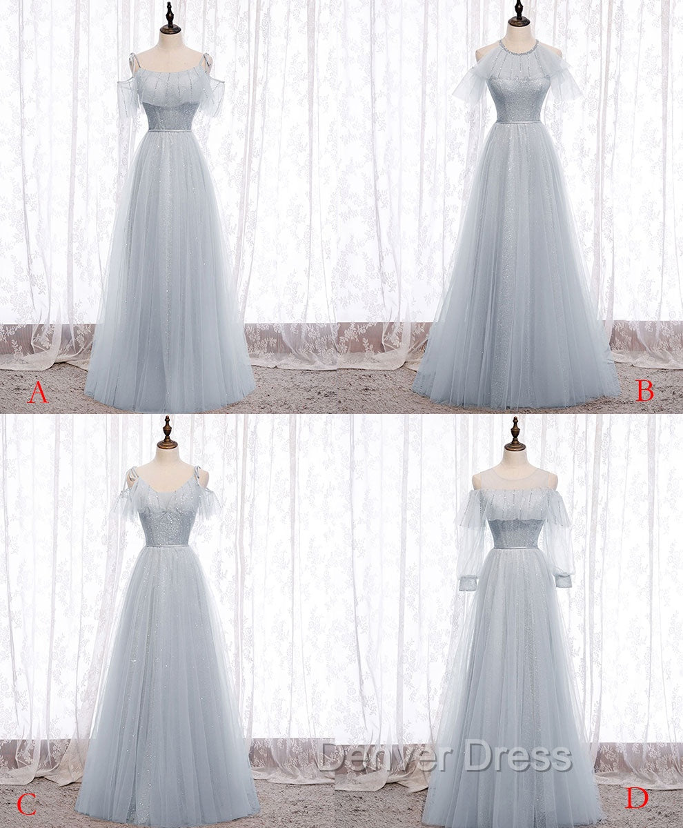 Gray A line Tulle Long Prom Dresses, Gray Formal Bridesmaid Dresses Secondary image