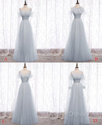 Gray A line Tulle Long Prom Dresses, Gray Formal Bridesmaid Dresses