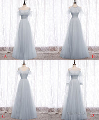Gray A line Tulle Long Prom Dress, Gray Formal Bridesmaid Dress