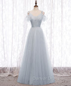 Gray A line Tulle Long Prom Dresses, Gray Formal Bridesmaid Dresses