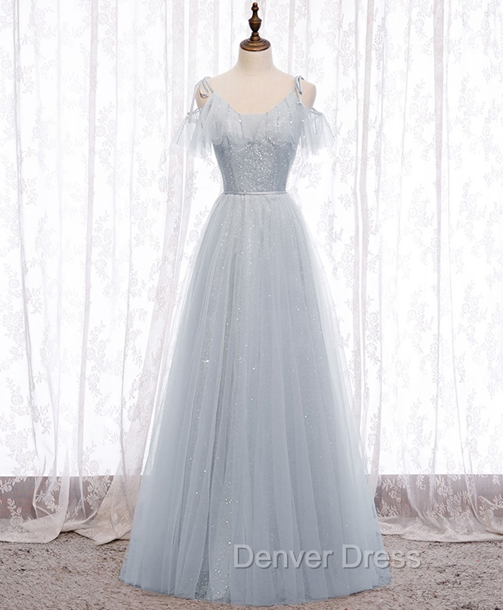 Gray A line Tulle Long Prom Dresses, Gray Formal Bridesmaid Dresses