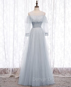 Gray A line Tulle Long Prom Dresses, Gray Formal Bridesmaid Dresses