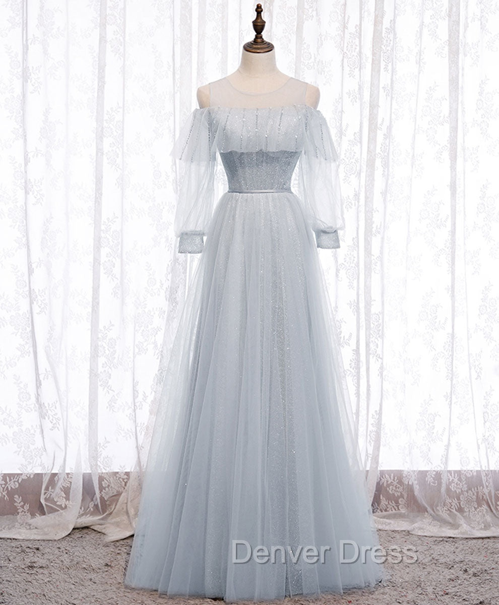 Gray A line Tulle Long Prom Dresses, Gray Formal Bridesmaid Dresses