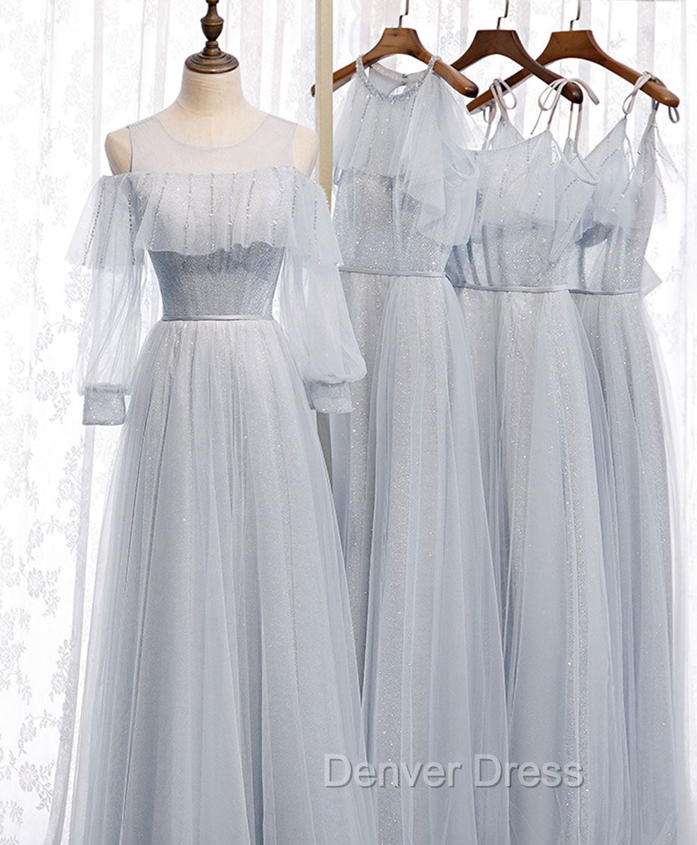 Gray A line Tulle Long Prom Dresses, Gray Formal Bridesmaid Dresses